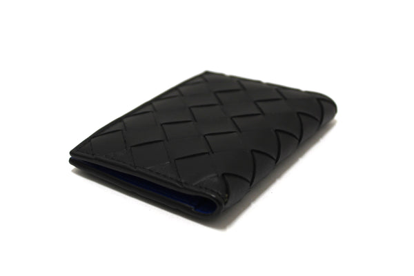 NEW Bottega Veneta Black Intrecciato Calfskin Leather Card Case with Blue Contrasted Interior