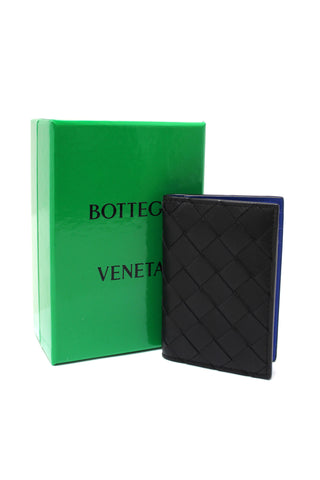 NEW Bottega Veneta Black Intrecciato Calfskin Leather Card Case with Blue Contrasted Interior