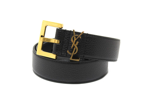 Yves Saint Laurent YSL Black Leather Cassandre Thin Box Belt 85