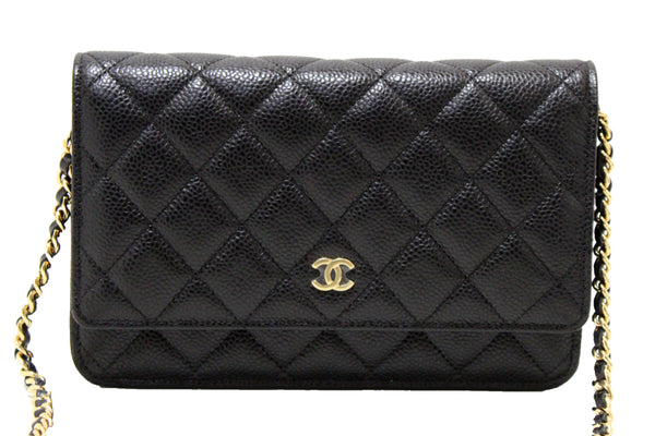 全新 Chanel 黑色絎縫魚子醬皮革皮夾鏈 WOC 郵差包