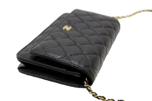 全新 Chanel 黑色絎縫魚子醬皮革皮夾鏈 WOC 郵差包