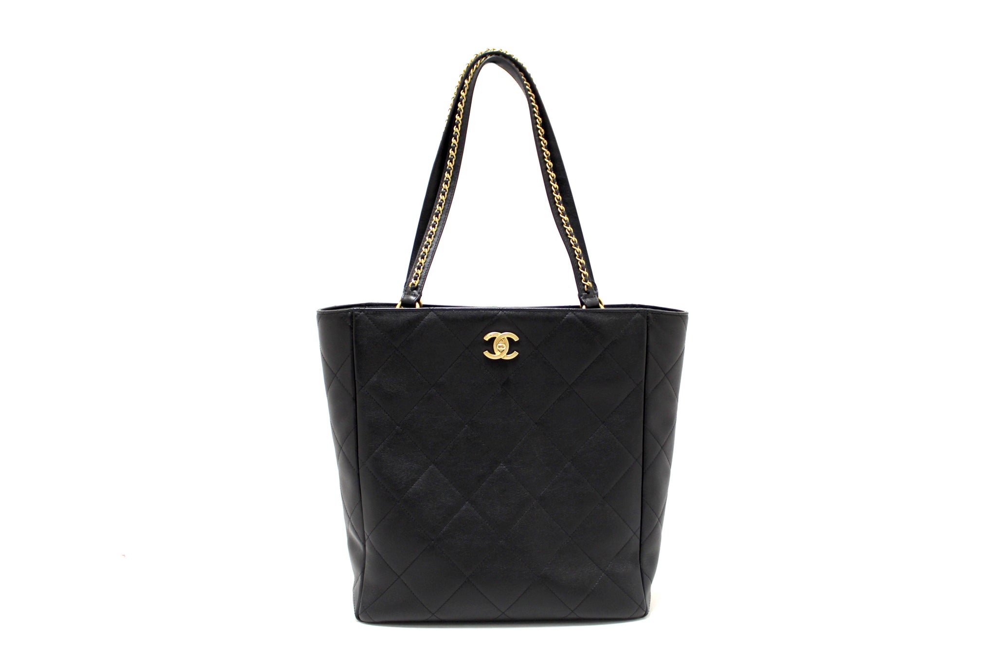 Authentic Chanel Black Quilted Leather Book Pocket Shoulder Tote Bag