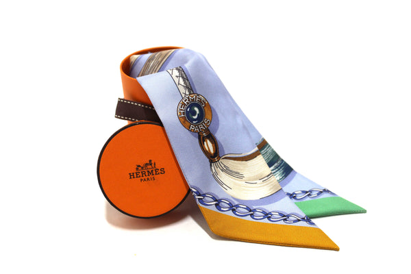 Hermes Blue Silk Cavalcades Twilly Bandeau Scarf