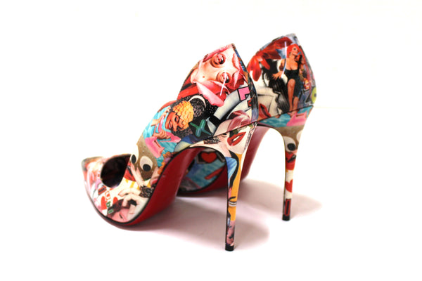 Christian Hot Chick Collage Print Patent Leather Pumps Size 38.5