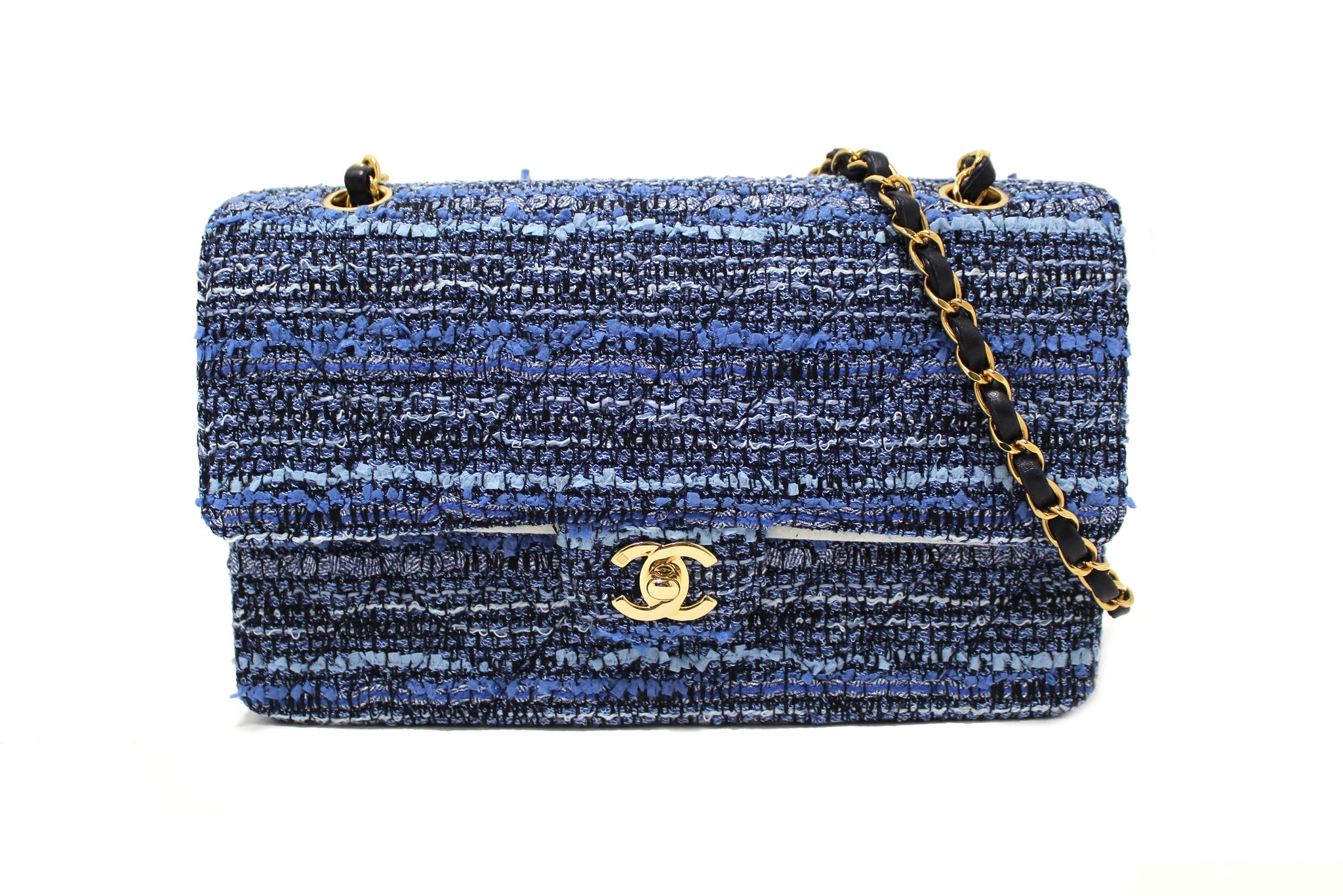 Chanel Blue Tweed and Leather Classic Medium Double Flap Shoulder Bag