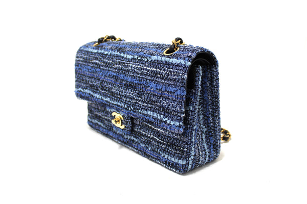 Chanel Blue Tweed and Leather Classic Medium Double Flap Shoulder Bag