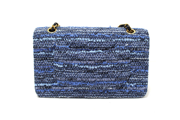 Chanel Blue Tweed and Leather Classic Medium Double Flap Shoulder Bag