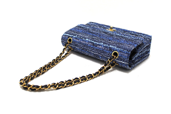 Chanel Blue Tweed and Leather Classic Medium Double Flap Shoulder Bag