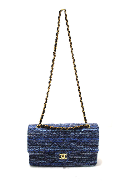 Chanel Blue Tweed and Leather Classic Medium Double Flap Shoulder Bag