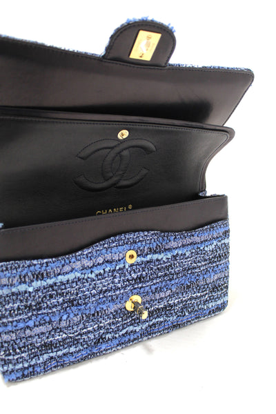 Chanel Blue Tweed and Leather Classic Medium Double Flap Shoulder Bag