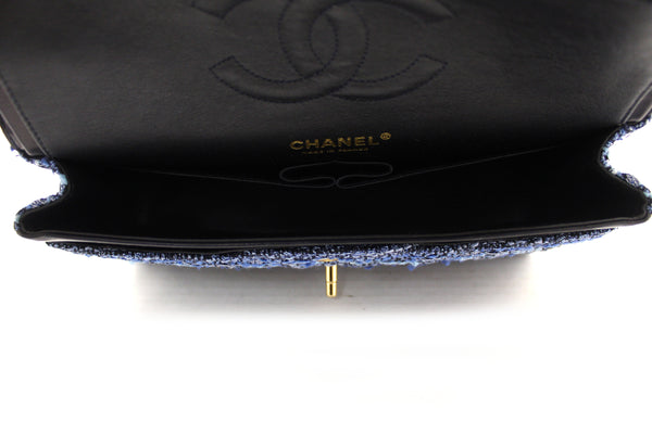 Chanel Blue Tweed and Leather Classic Medium Double Flap Shoulder Bag