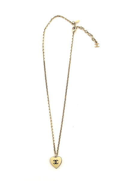 Chanel Vintage Beige Enamel Mini Heart Pendant Necklace