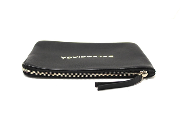 Authentic Balenciaga Black Leather Logo Medium Everyday Pouch Clutch