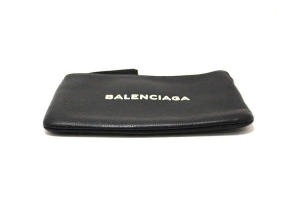 Authentic Balenciaga Black Leather Logo Medium Everyday Pouch Clutch