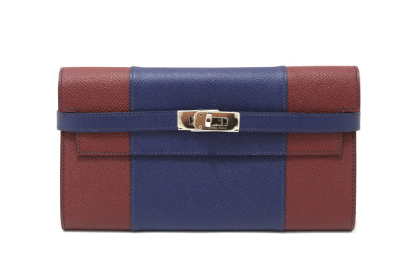 New Hermes Blue/Red Epsom Leather Bi-color Kelly Trifold Long Wallet