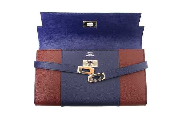 New Hermes Blue/Red Epsom Leather Bi-color Kelly Trifold Long Wallet