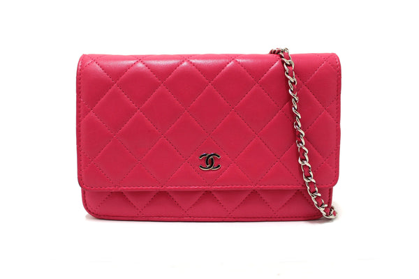 Chanel Fuchsia Pink Quilted Lambskin Leather Wallet On Chain WOC Messenger Bag