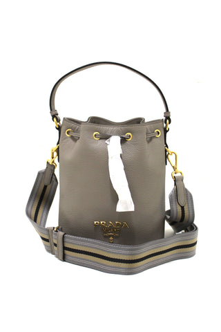 Prada NEW  Prada Grey Calf Leather Drawstring Bucket Messenger Bag | Italystation.com - Shop Now at italystation.com