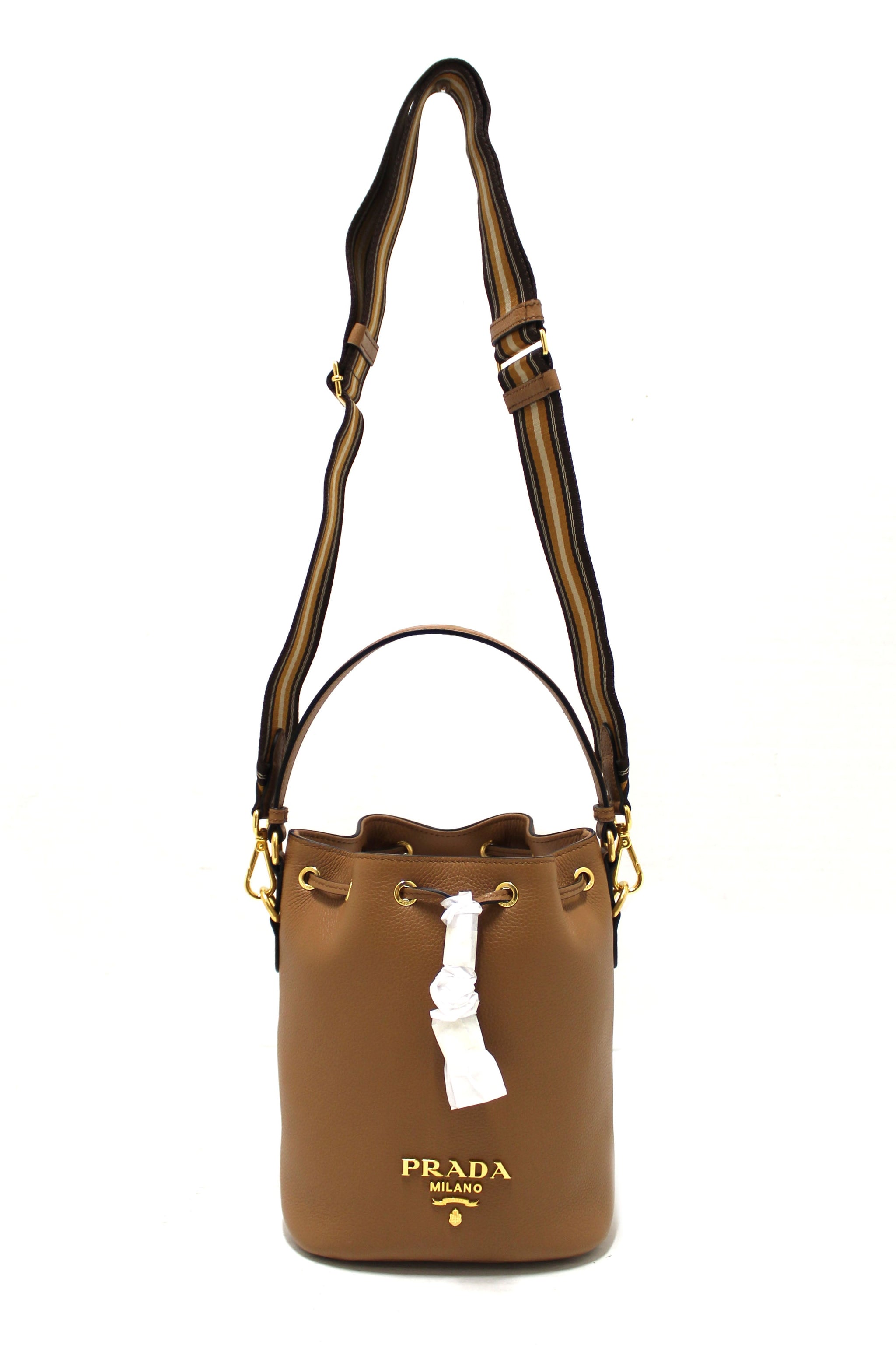 Prada NEW Prada Brown Calf Leather Drawstring Bucket
