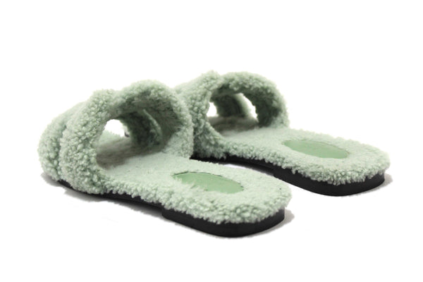 Hermes Green Shearling Fur Oran Flat Sandal Shoes Size 38