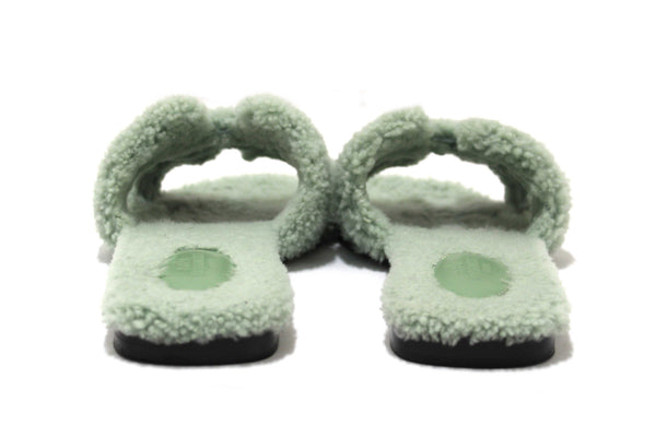 Hermes Green Shearling Fur Oran Flat Sandal Shoes Size 38