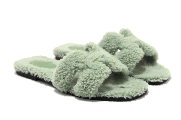 Hermes Green Shearling Fur Oran Flat Sandal Shoes Size 38