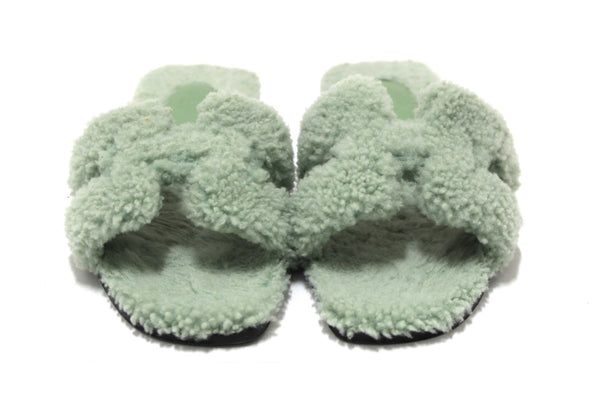 Hermes Green Shearling Fur Oran Flat Sandal Shoes Size 38