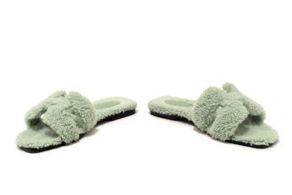 Hermes Green Shearling Fur Oran Flat Sandal Shoes Size 38