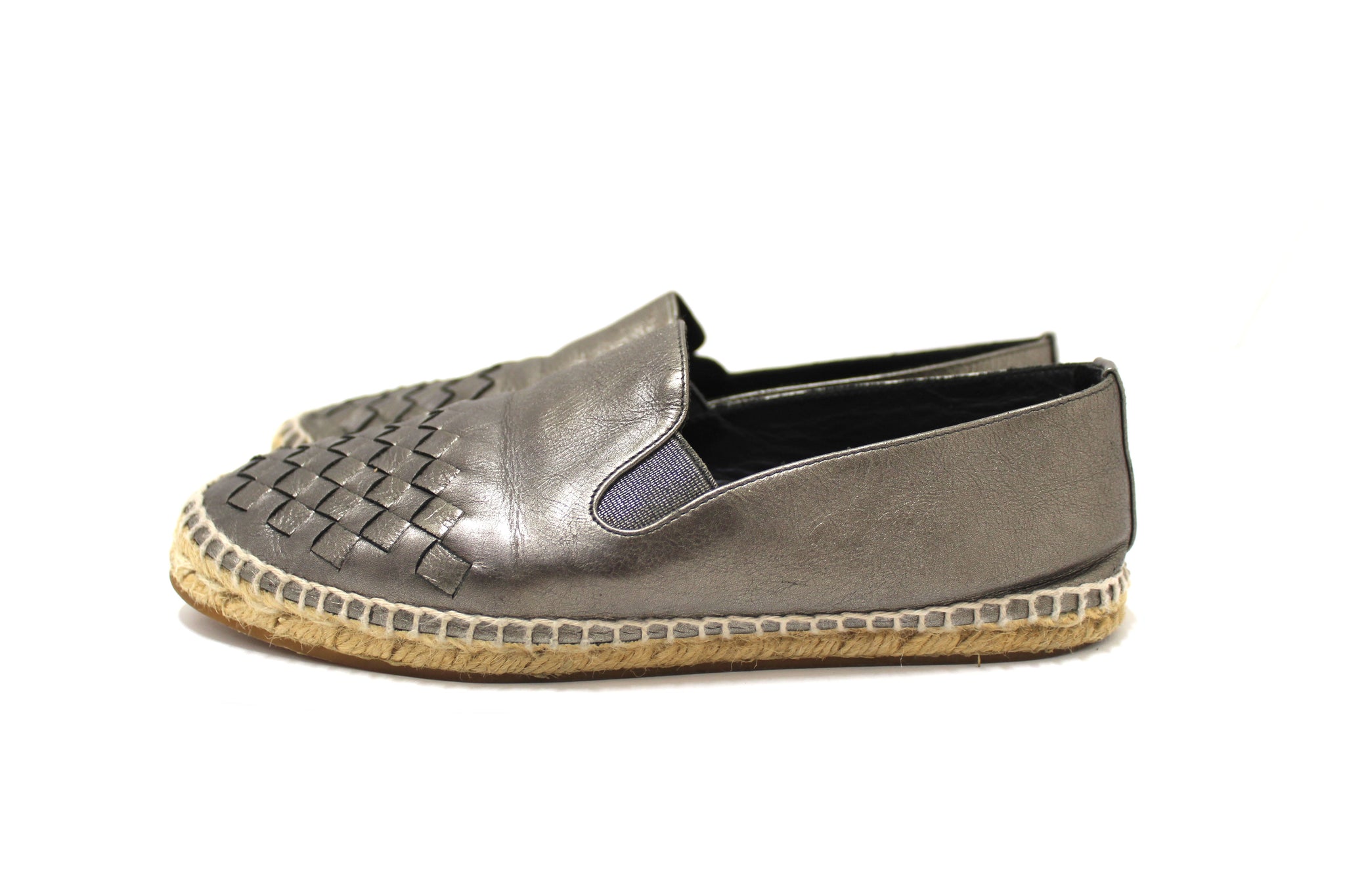 Authentic Bottega Veneta Metallic Intrecciato Leather Slip On Espadrille Flats Size 36