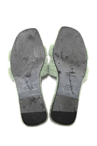 Hermes Green Shearling Fur Oran Flat Sandal Shoes Size 38