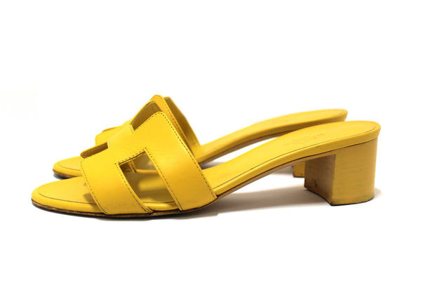 Hermes Yellow Calfskin Leather Oasis H Sandals Shoes with Block Heels Size 37