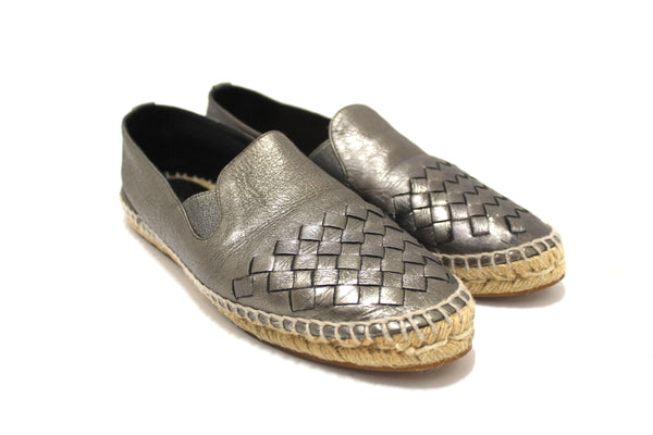 Authentic Bottega Veneta Metallic Intrecciato Leather Slip On Espadrille Flats Size 36