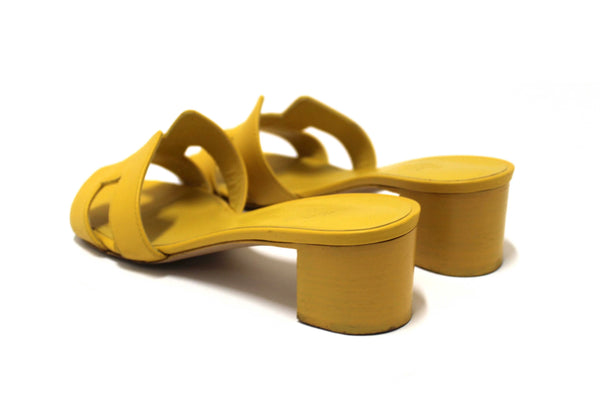 Hermes Yellow Calfskin Leather Oasis H Sandals Shoes with Block Heels Size 37
