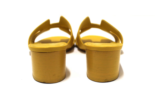 Hermes Yellow Calfskin Leather Oasis H Sandals Shoes with Block Heels Size 37