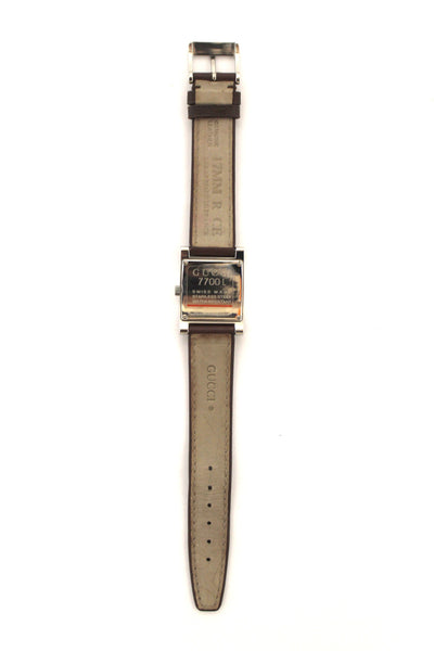 Gucci 7700L 銀色錶盤棕色皮革錶帶日期方形石英手錶