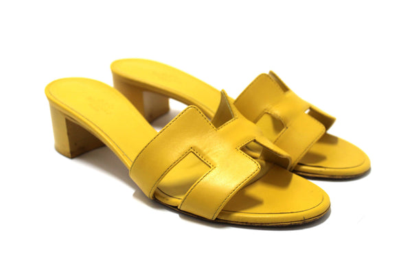 Hermes Yellow Calfskin Leather Oasis H Sandals Shoes with Block Heels Size 37