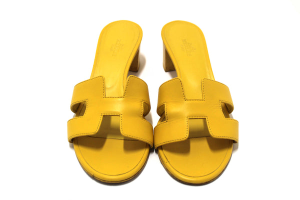 Hermes Yellow Calfskin Leather Oasis H Sandals Shoes with Block Heels Size 37