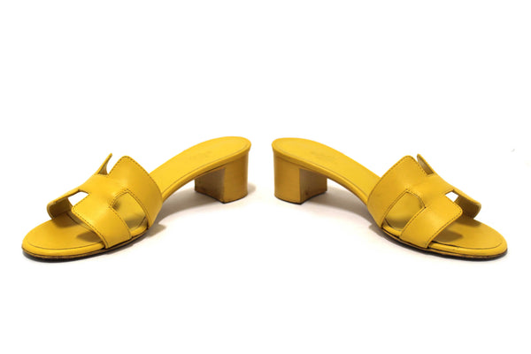 Hermes Yellow Calfskin Leather Oasis H Sandals Shoes with Block Heels Size 37