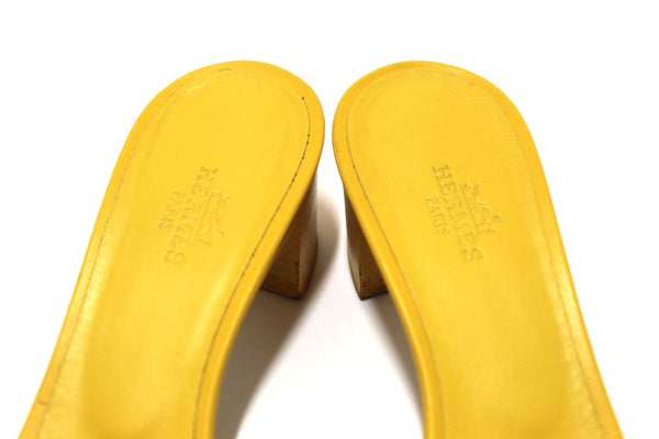 Hermes Yellow Calfskin Leather Oasis H Sandals Shoes with Block Heels Size 37