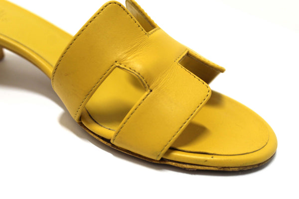 Hermes Yellow Calfskin Leather Oasis H Sandals Shoes with Block Heels Size 37