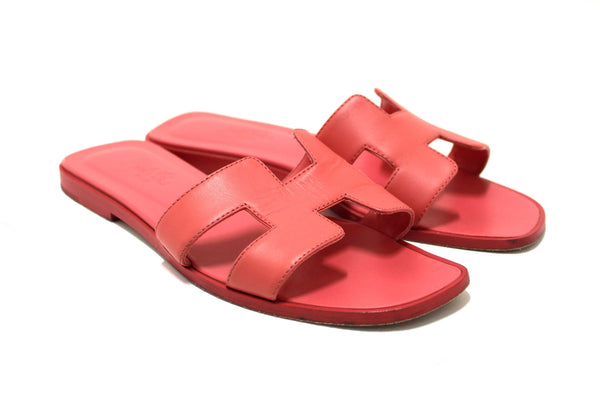 Hermes Pink Calfskin Leather Oran Flat Sandals Shoes Size 37