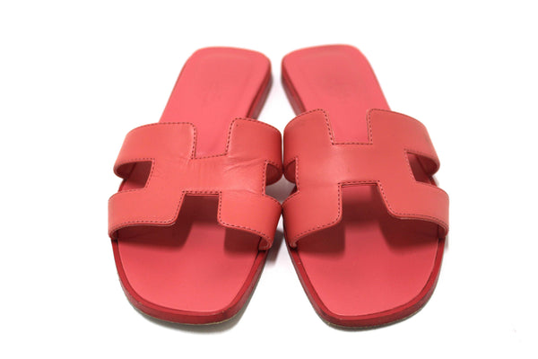 Hermes Pink Calfskin Leather Oran Flat Sandals Shoes Size 37