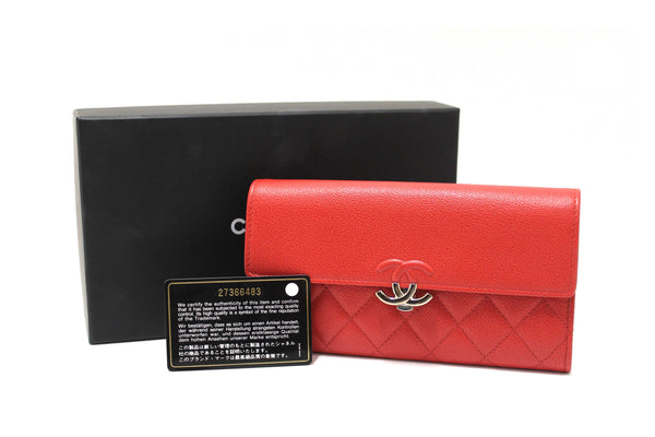 Chanel Red Quilted Caviar Leather CC Box Flap Long Wallet