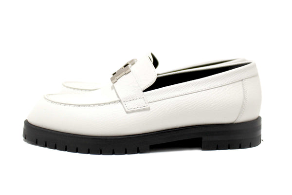 Hermes White Grained Leather Faubourg Loafer Shoes Size 36.5
