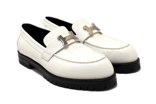 Hermes White Grained Leather Faubourg Loafer Shoes Size 36.5