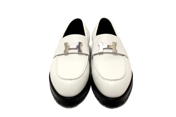 Hermes White Grained Leather Faubourg Loafer Shoes Size 36.5