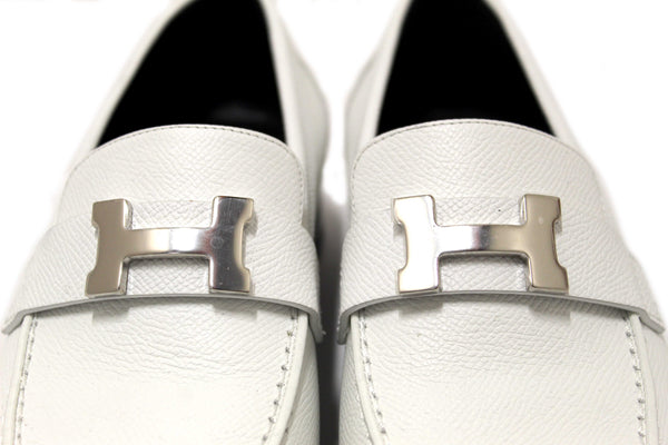 Hermes White Grained Leather Faubourg Loafer Shoes Size 36.5