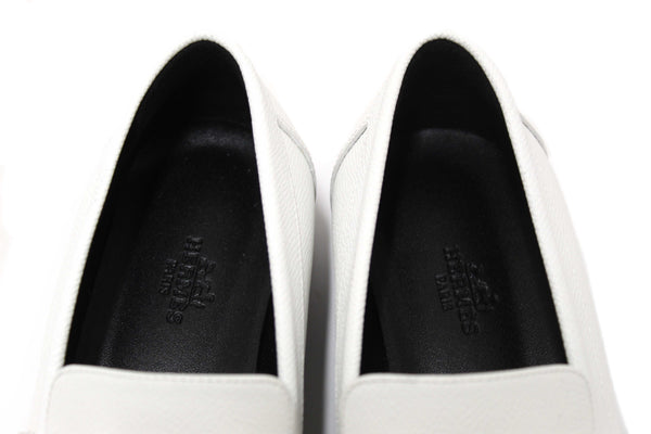 Hermes White Grained Leather Faubourg Loafer Shoes Size 36.5