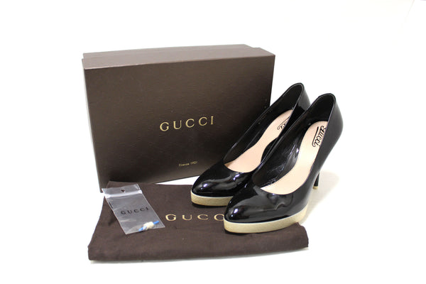Gucci Black Patent Leather and White Rubber Pumps Heels Size 39