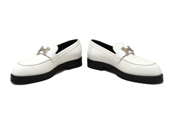 Hermes White Grained Leather Faubourg Loafer Shoes Size 36.5